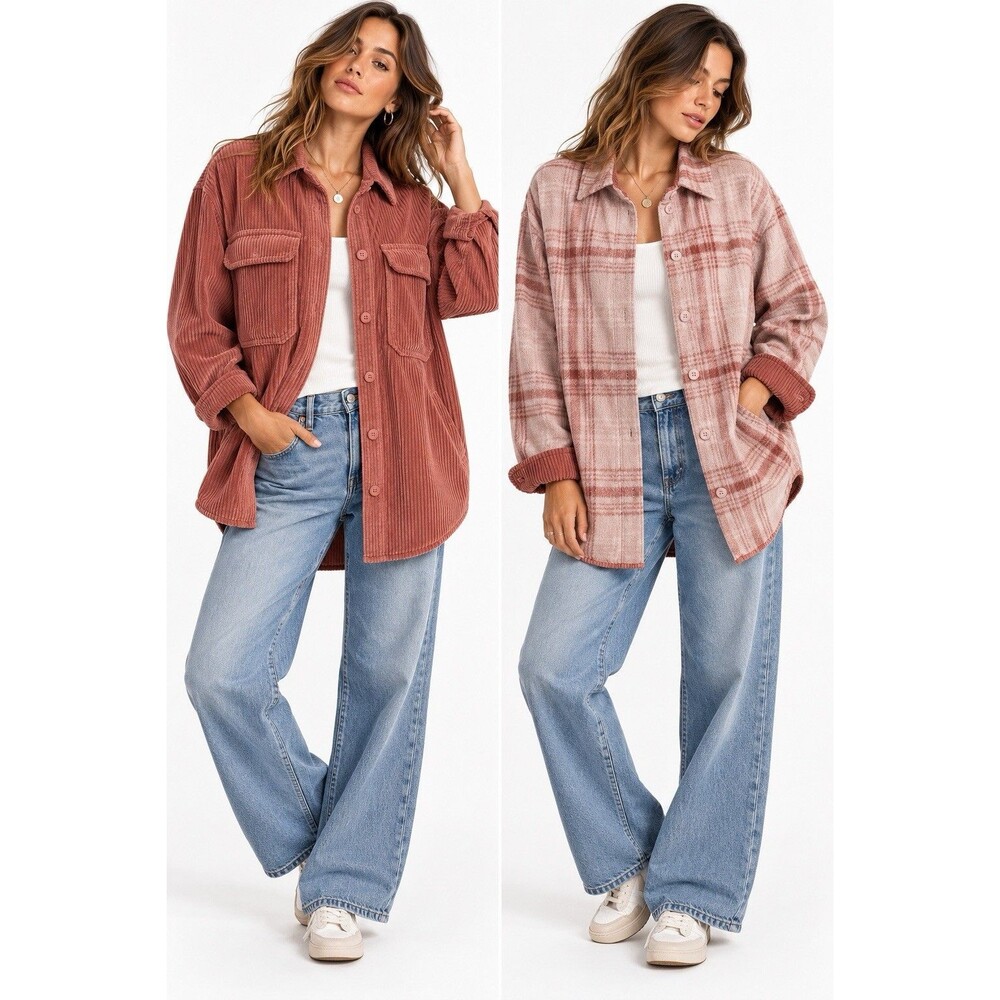 Reversible Corduroy Plaid Shacket Dusty Rose Oversized Shirt Jacket Size L